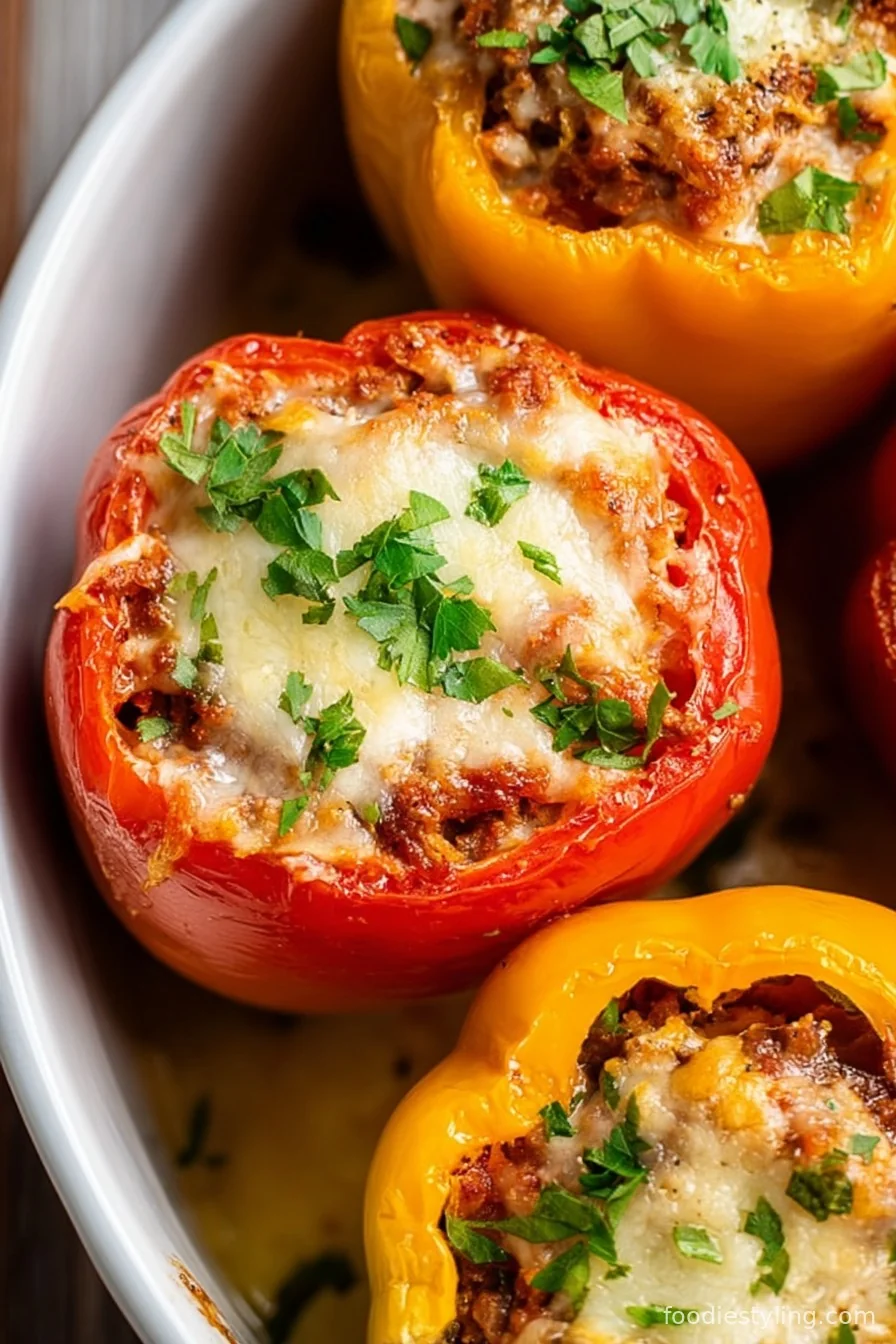 Colorful keto stuffed peppers with golden, bubbly cheese and fresh herbs on top