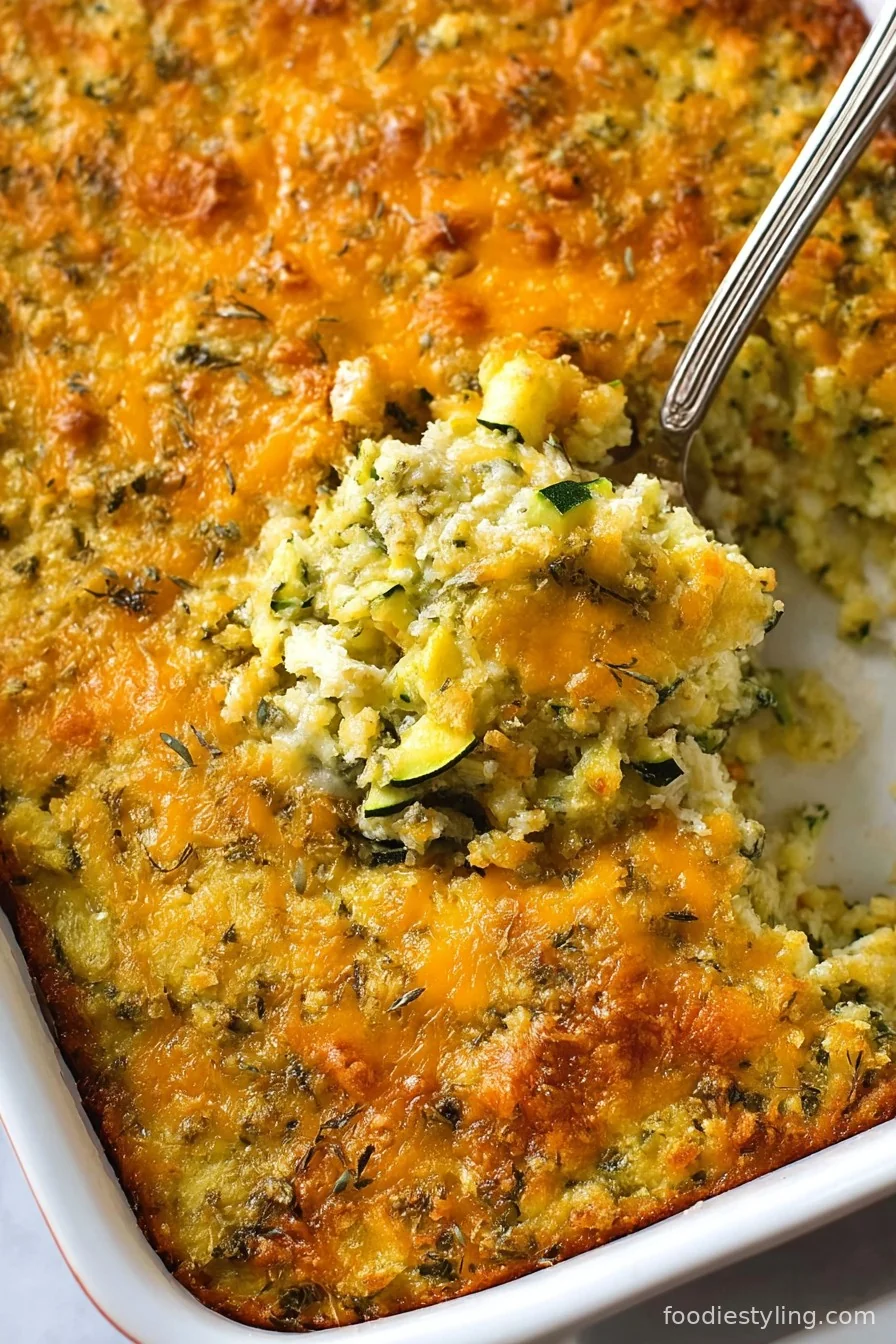 A golden-brown, cheesy zucchini casserole fresh out of the oven