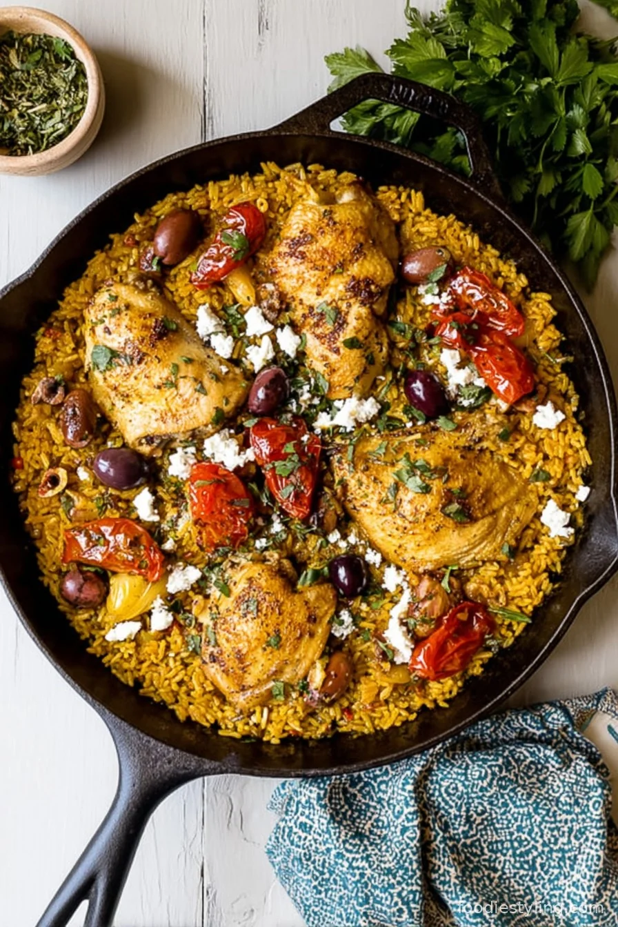 A vibrant skillet of Mediterranean Chicken and Rice with herbs, tomatoes, and lemon.