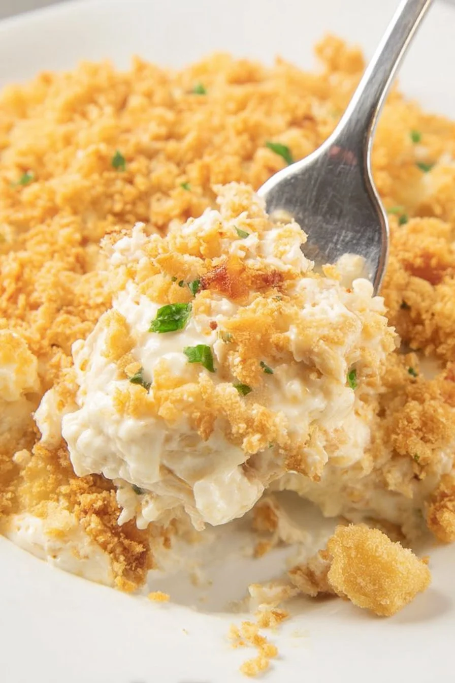 Golden and cheesy Million Dollar Chicken Casserole baked in a white dish