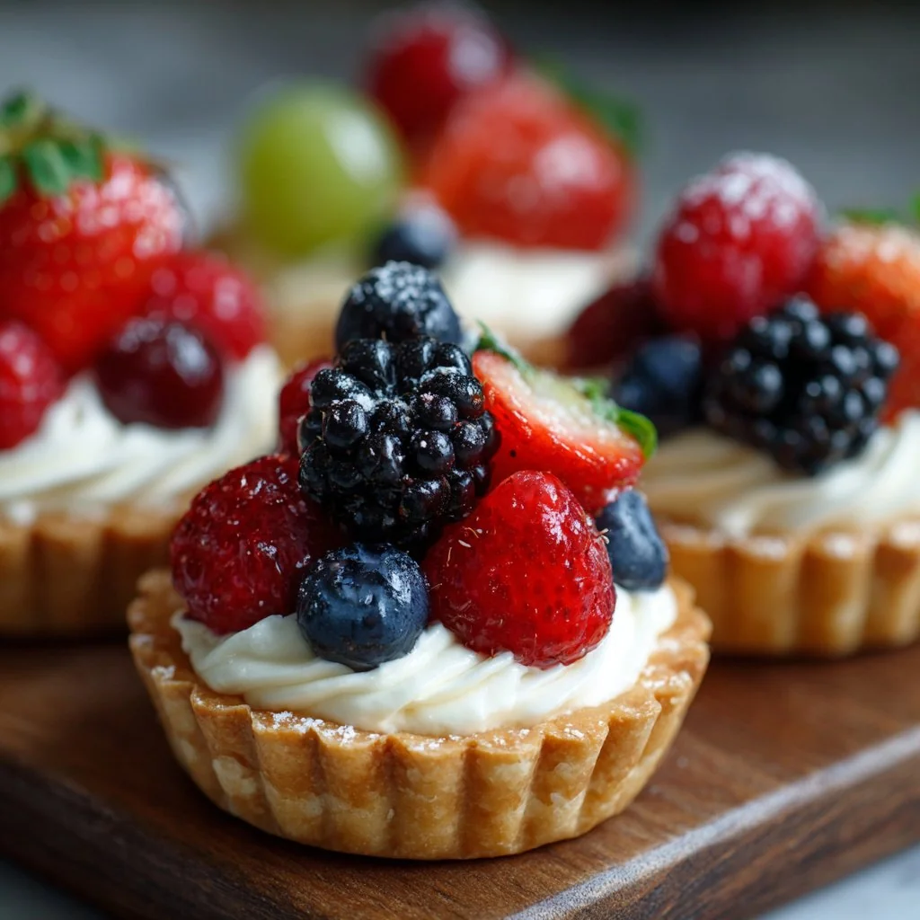 Mini Fruit Tartlets with Cream Cheese on a white platter, adorned with colorful fresh fruit