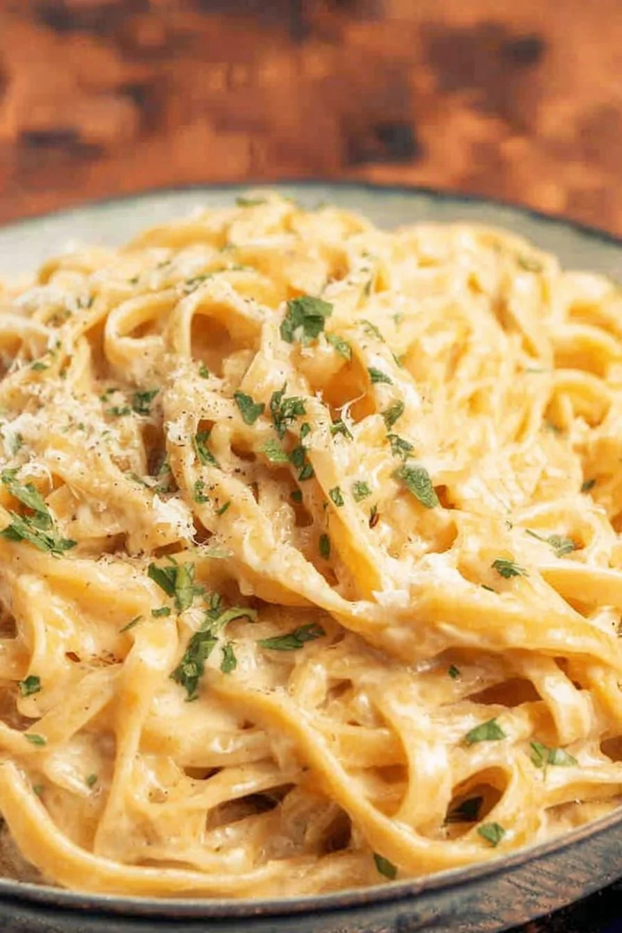 Creamy Noodles Romanoff in a white bowl with fresh parsley on top
