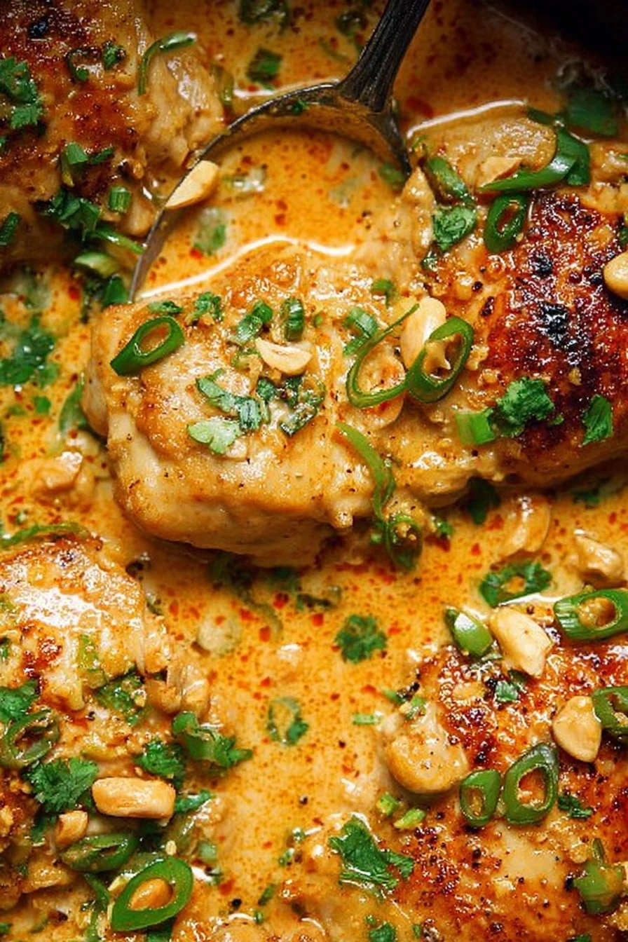 A skillet filled with golden seared chicken in a creamy coconut lime sauce, garnished with fresh cilantro and lime wedges
