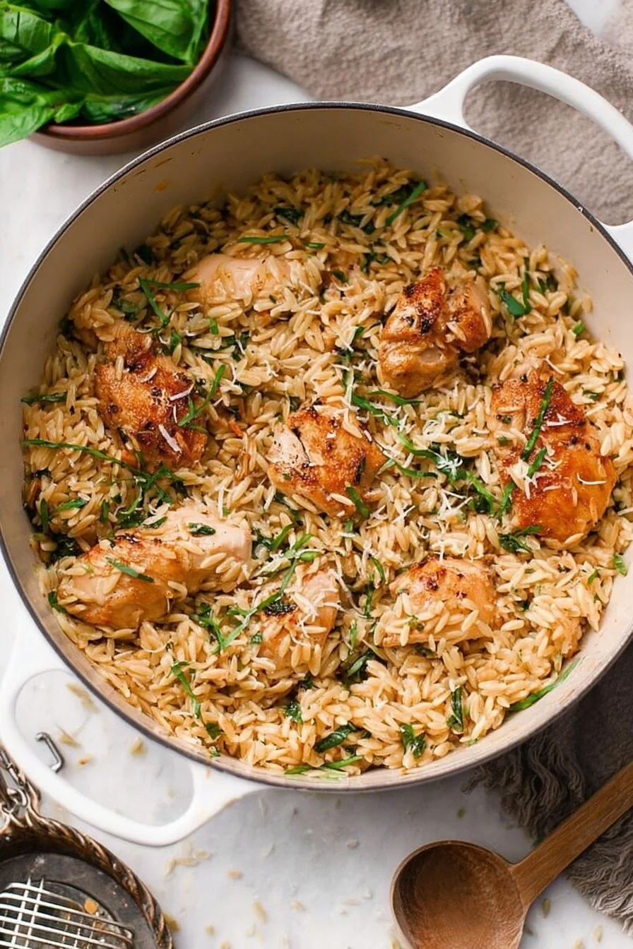 Creamy One Pot Chicken Orzo topped with parsley and lemon zest