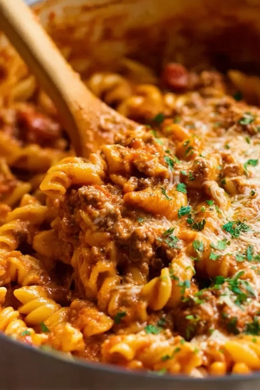 Hearty, creamy one pot tomato beef pasta with basil garnish