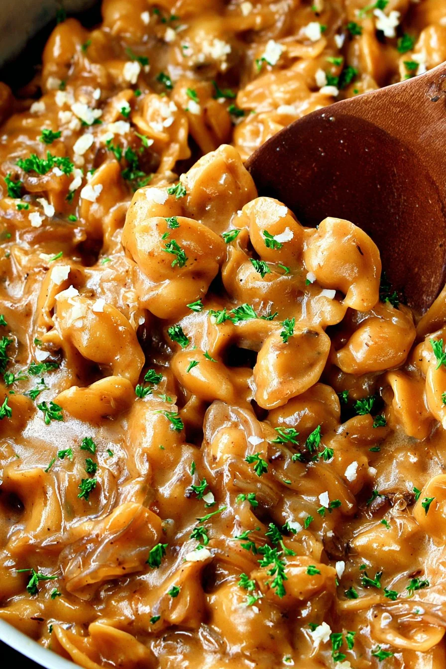 One Pot French Onion Pasta cooking process
