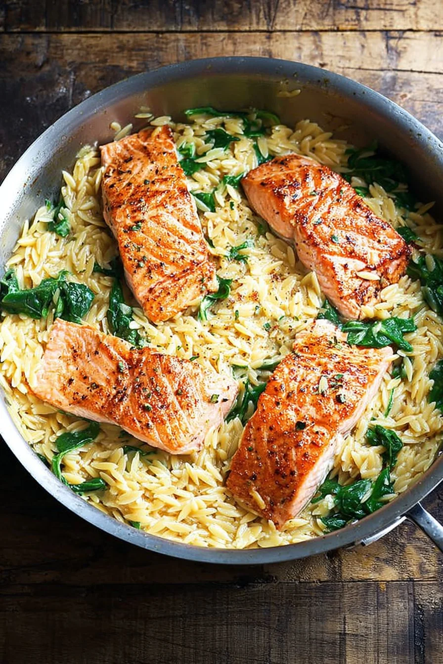 One Skillet Salmon with Lemon Orzo cooking process
