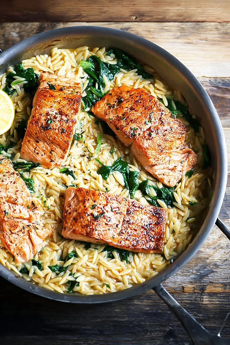 One Skillet Salmon with Lemon Orzo cooking process