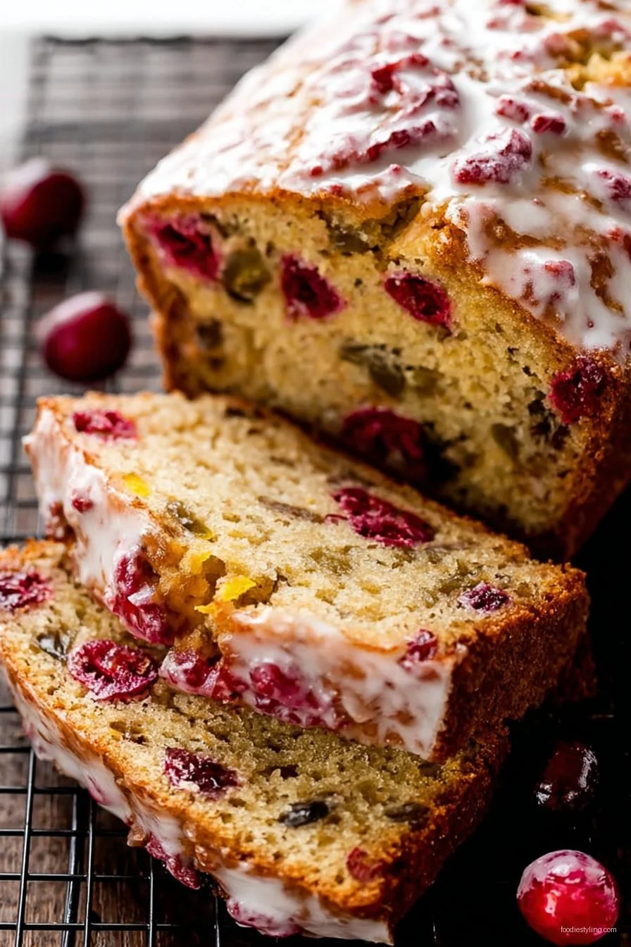 Freshly baked Orange Glazed Cranberry Bread loaf with glaze dripping down the sides