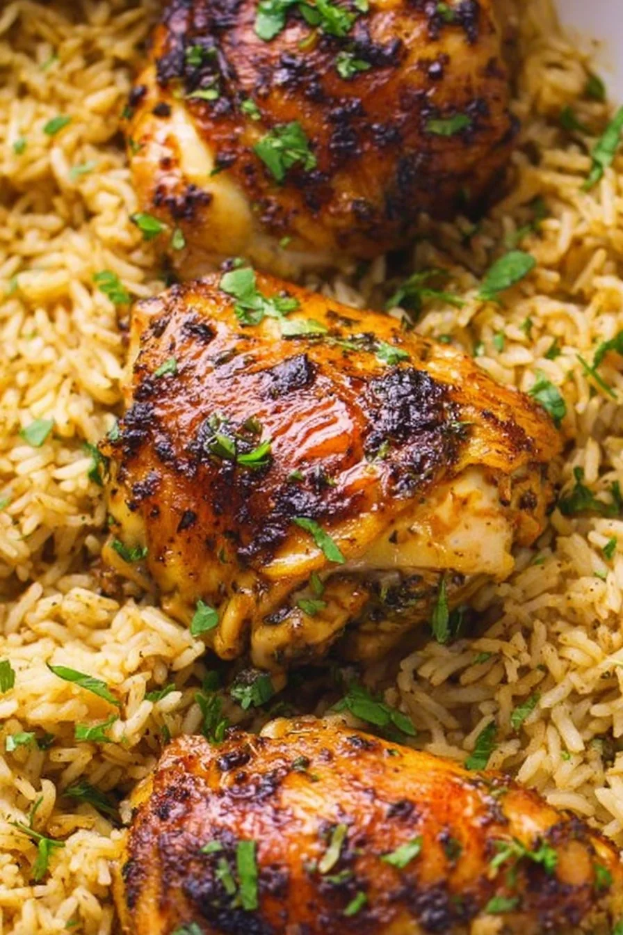 Golden baked chicken thighs on a bed of fluffy rice in a casserole dish, garnished with fresh parsley