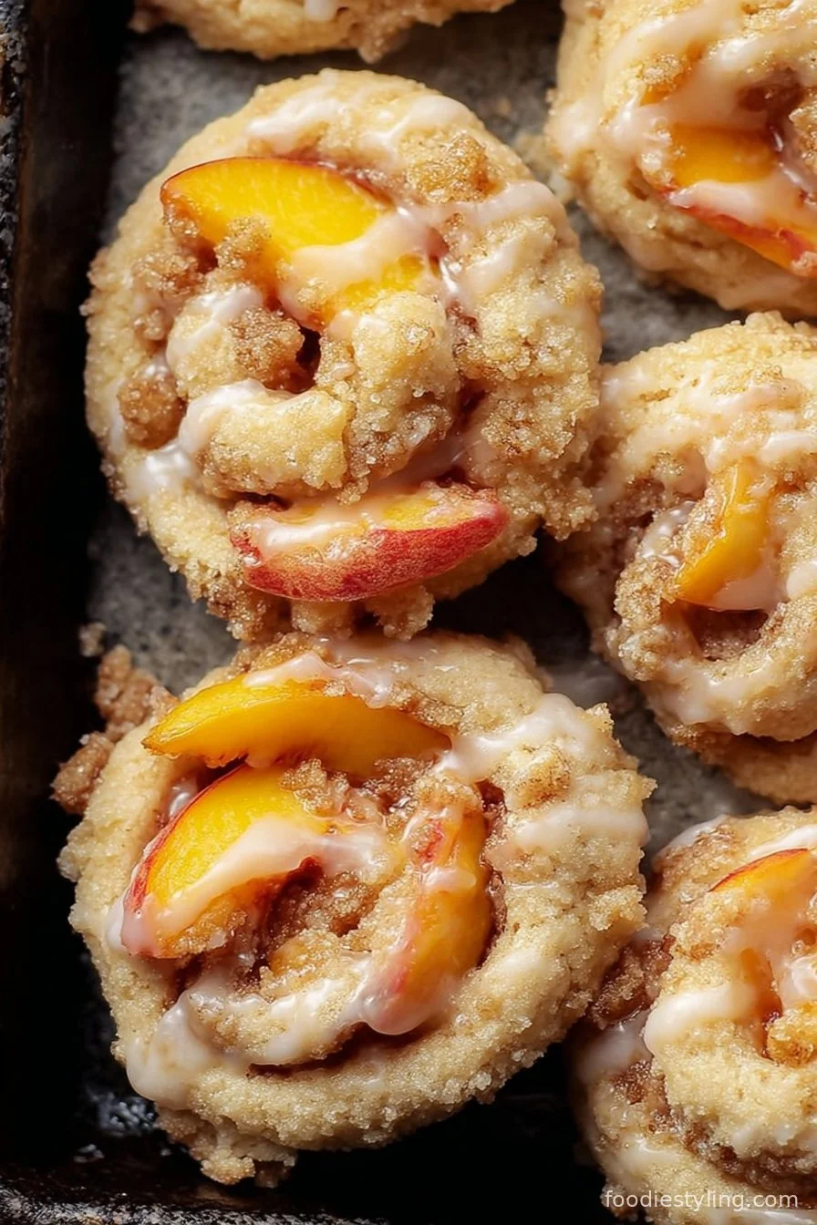 Peach Cobbler Cookies—golden, dotted with peaches and a crumble topping