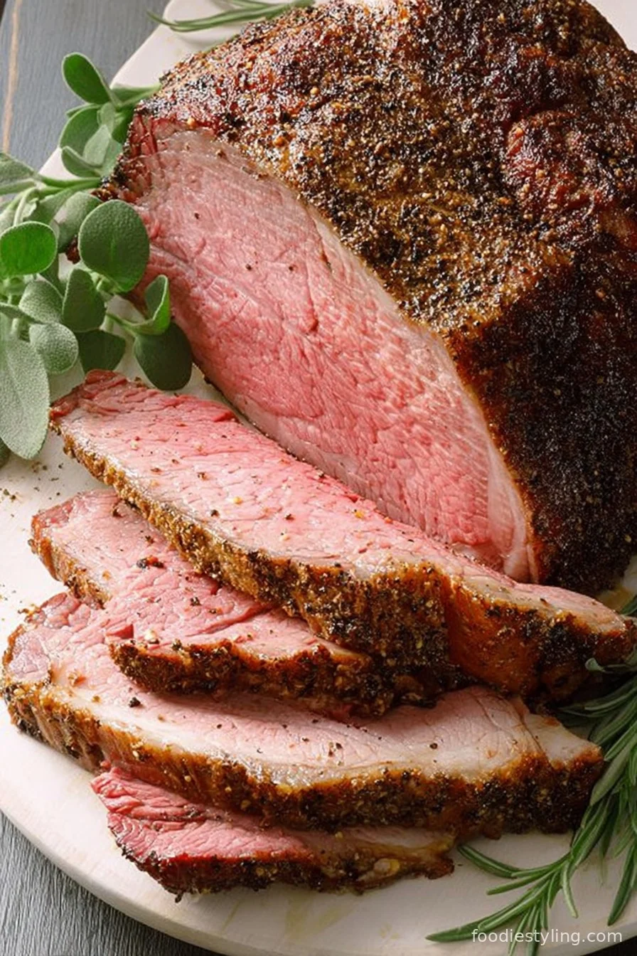 A juicy, sliced Peppery Roast Beef with a bold pepper crust on a wood cutting board.