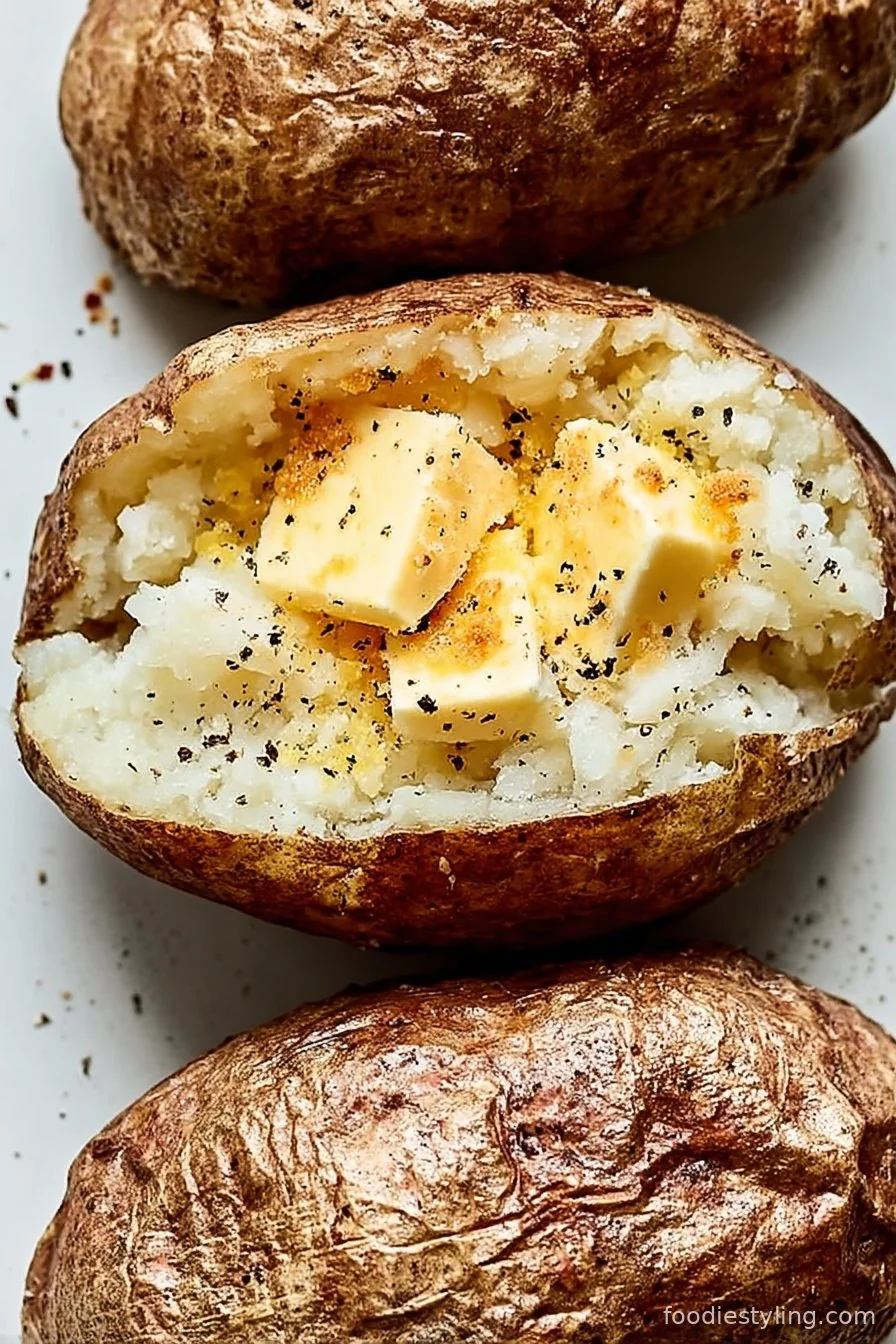 Fluffy, crispy-skinned baked potato with toppings