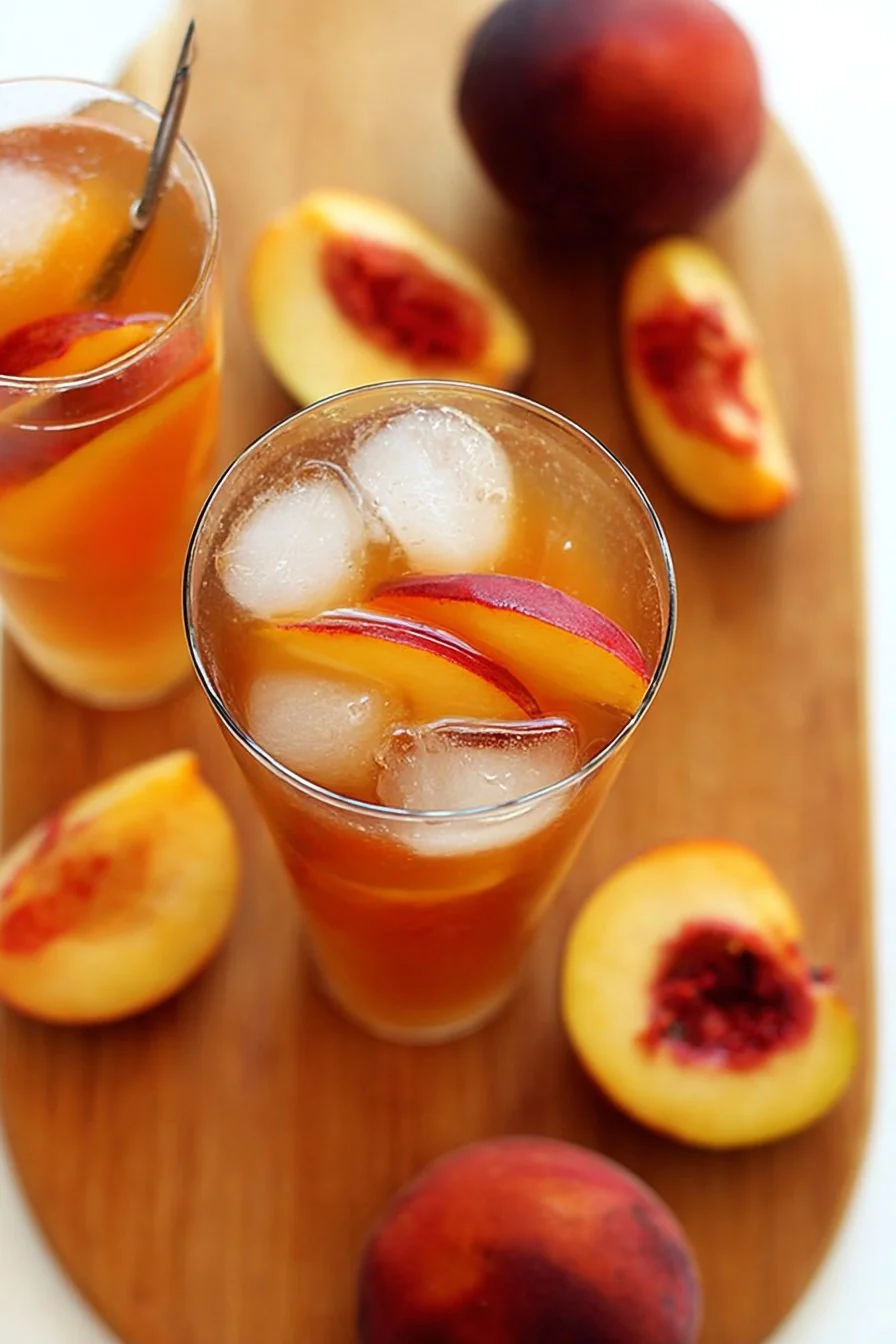 Tall glasses of golden peach iced tea with fresh peach slices and mint