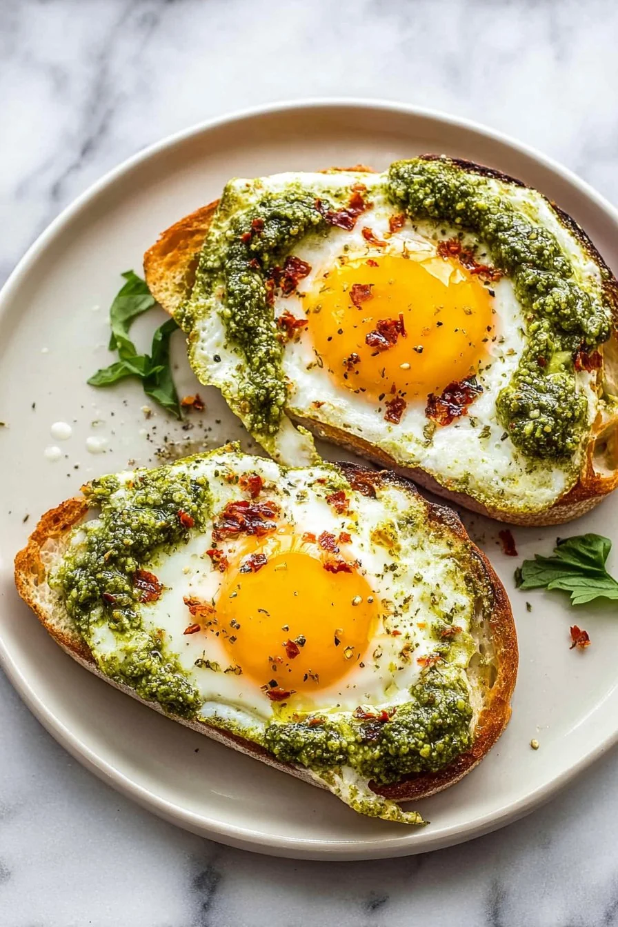 Pesto eggs sizzling in a skillet with crusty bread on the side