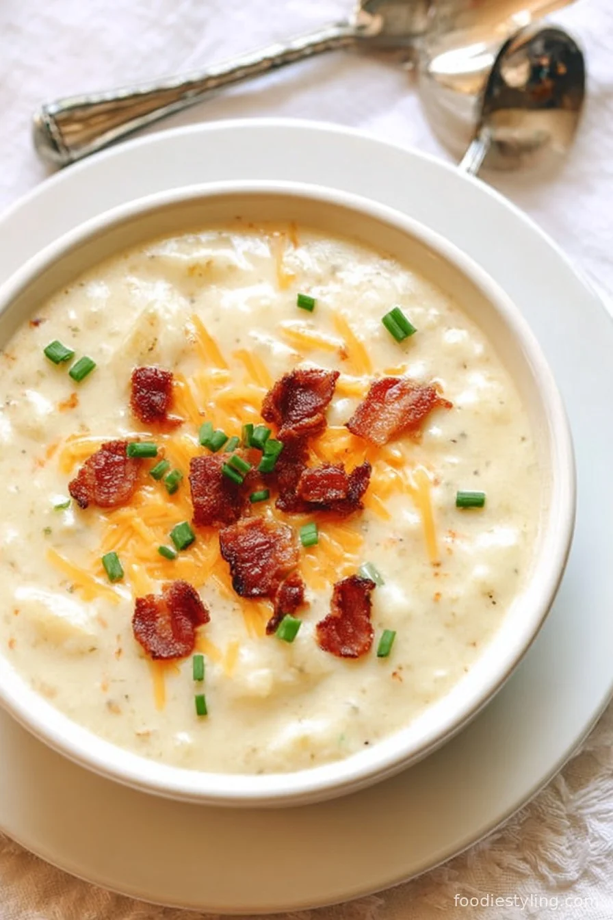 Bowl of potato soup with bacon and chives
