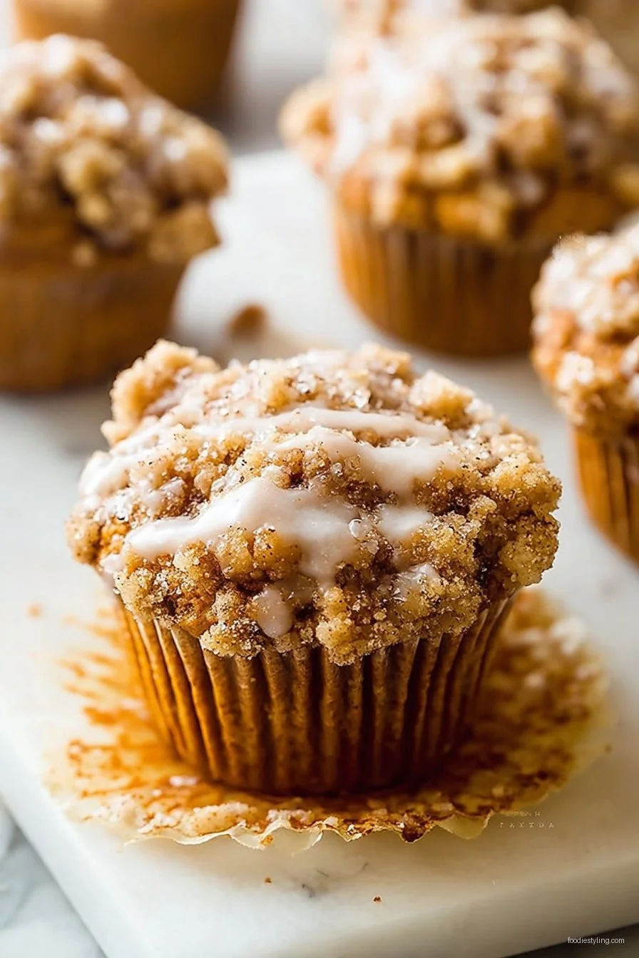 Irresistibly moist pumpkin crumb cake muffins with buttery streusel topping.