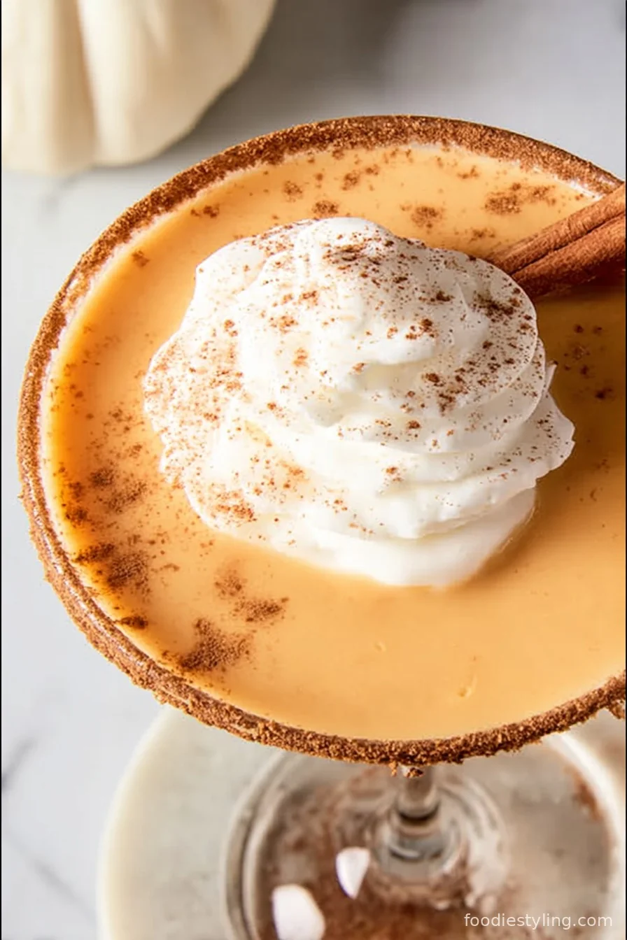 Creamy Pumpkin Pie Martini in a cinnamon-sugar rimmed glass