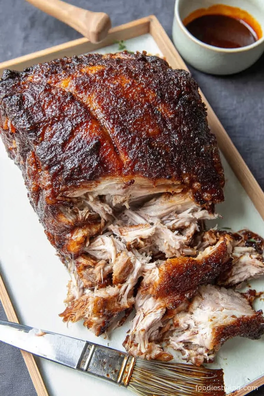 Golden roast pork butt, sliced and ready to serve