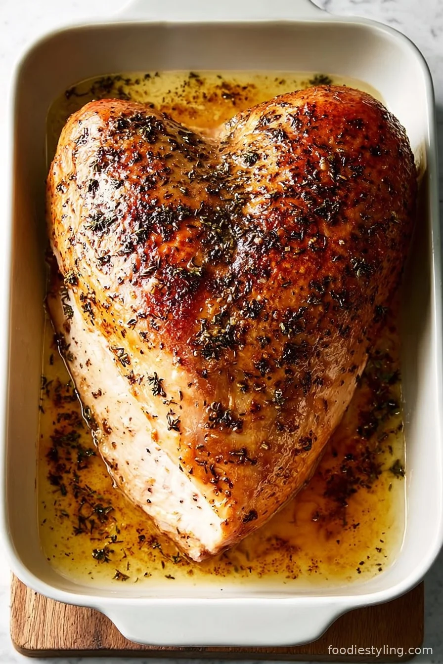 Roast Turkey Breast—golden brown, juicy, and garnished with fresh herbs