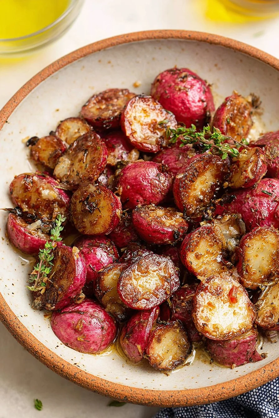 A roasting pan of golden roasted radishes being drizzled with garlic browned butter