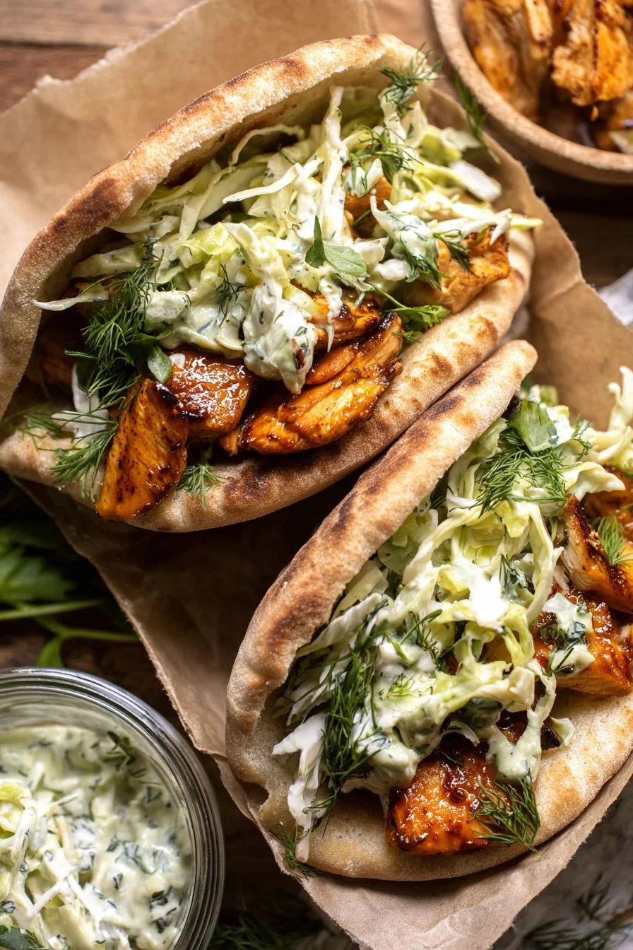 Juicy roasted chicken tucked into pitas with crunchy ranch slaw