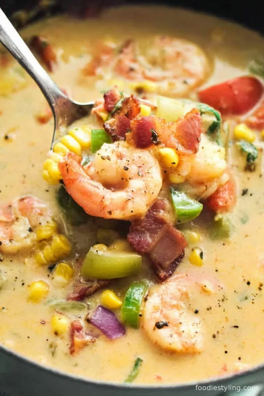 A bowl of creamy Shrimp and Bacon Corn Chowder garnished with fresh herbs and crispy bacon bits