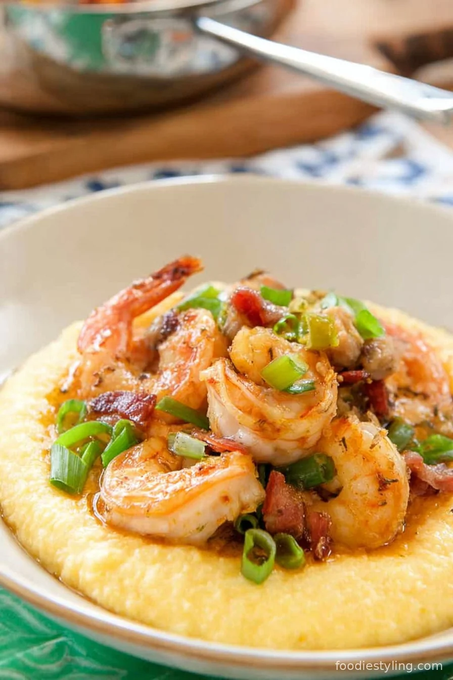 A bowl of creamy grits topped with juicy shrimp and a sprinkle of fresh scallions