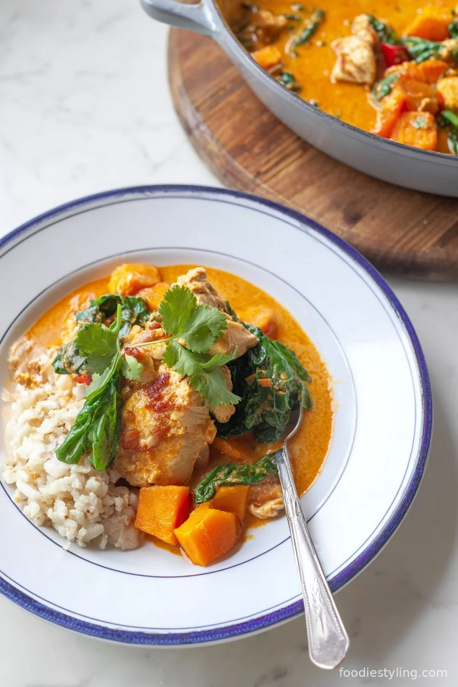 A vibrant one-pan meal of golden chicken with red curry sauce, sweet potatoes, and greens