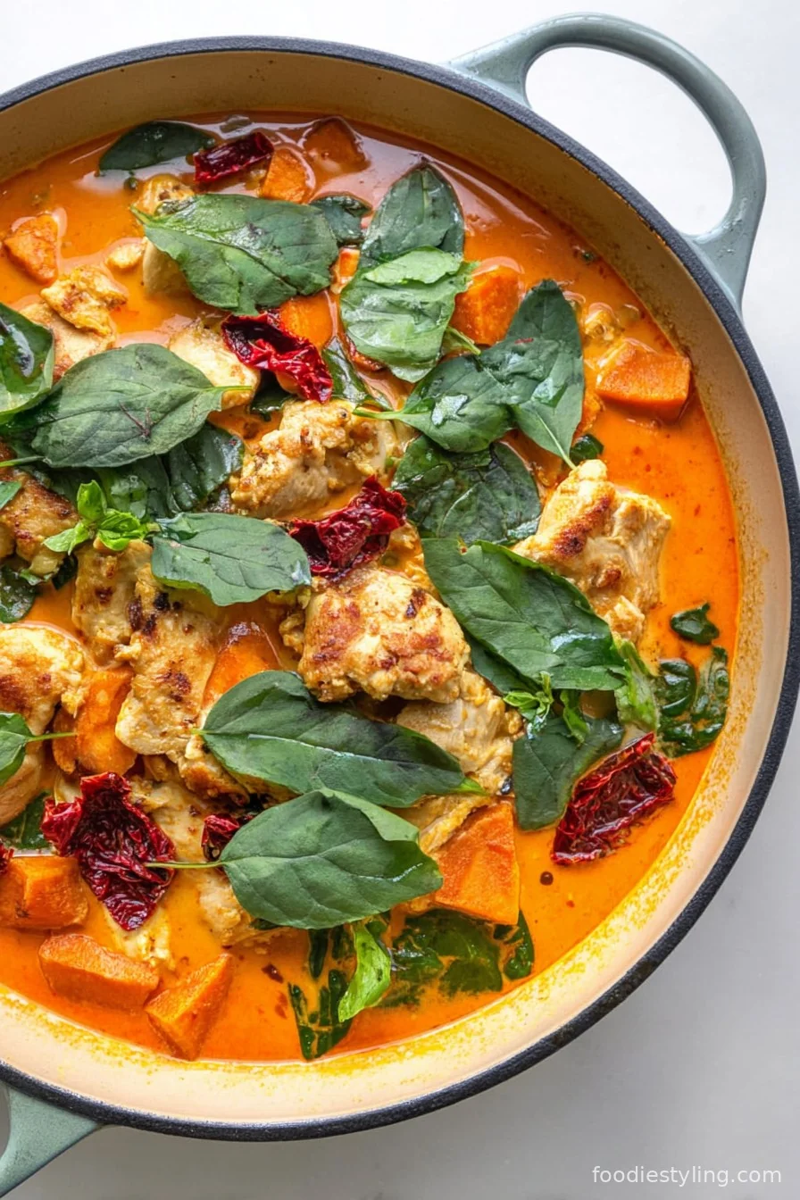 Skillet-Seared Red Curry Coconut Chicken with Sweet Potatoes & Greens cooking process