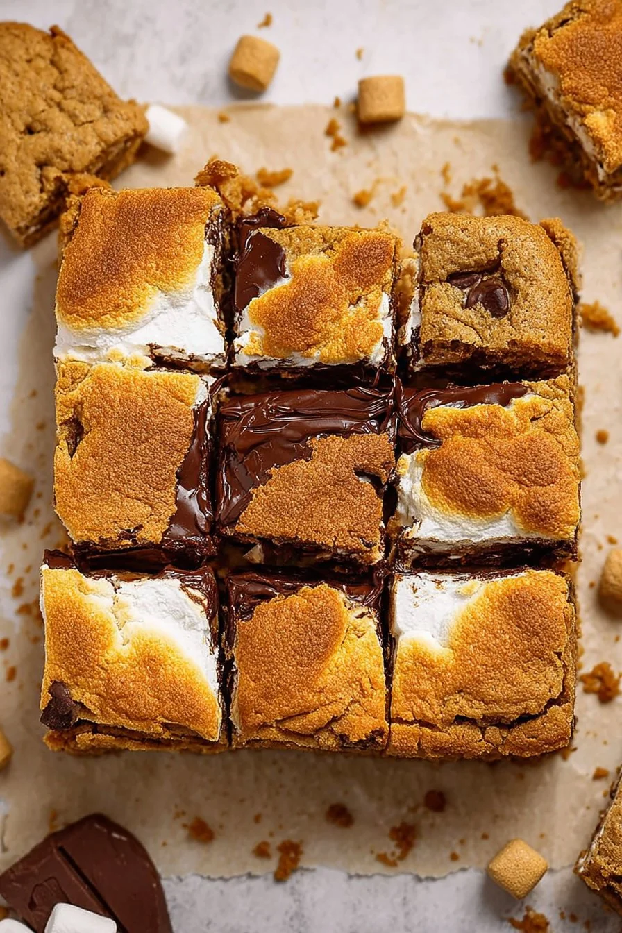 Soft, gooey s’mores bars with golden marshmallow and melted chocolate