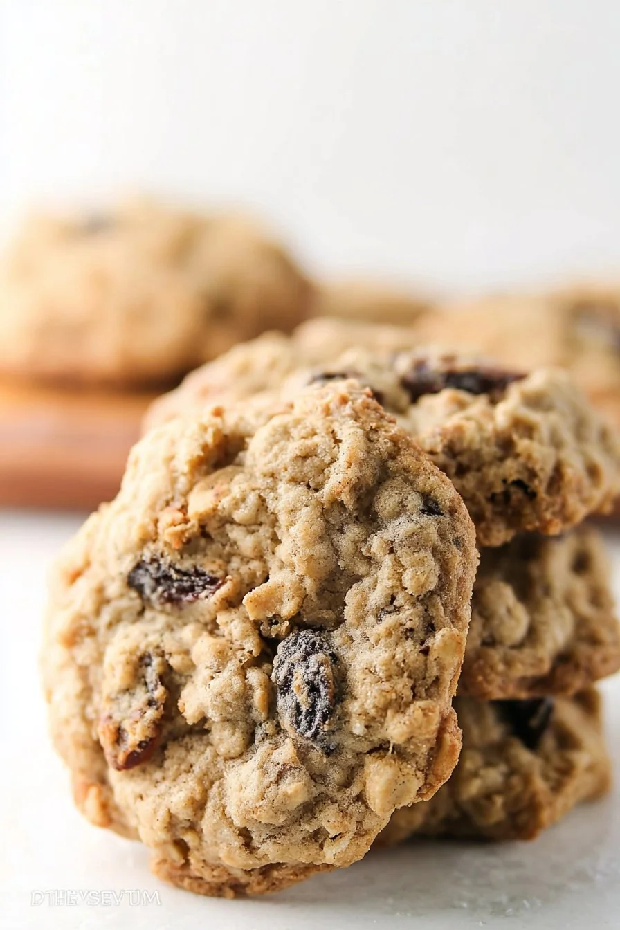 A stack of soft and chewy oatmeal raisin cookies with oats and raisins scattered nearby