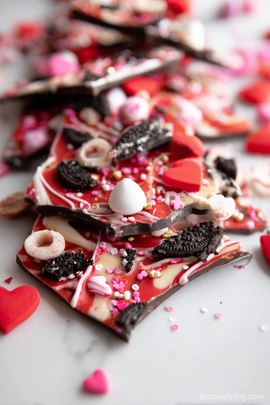 Valentine's Oreo Bark with heart-shaped sprinkles and crushed Oreos